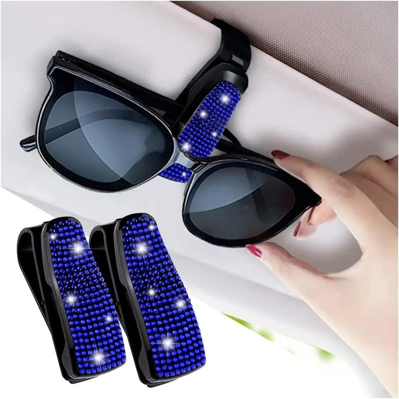Turcee Set of 2 Bling Rhinestone Car Sun Visor Glasses Holders with Anti-Scratch Sponge,Car Decoration for Women Girls,Ticket Card Clip Visor Organizer,Universal Rhinestone Car Accessories (Jewel Blue) - Image 1